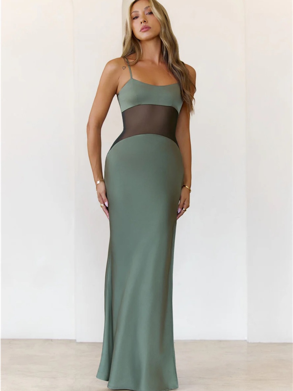 Hello Molly Olive Satin Maxi Dress with Black Mesh Waistband - Picture 2 of 6